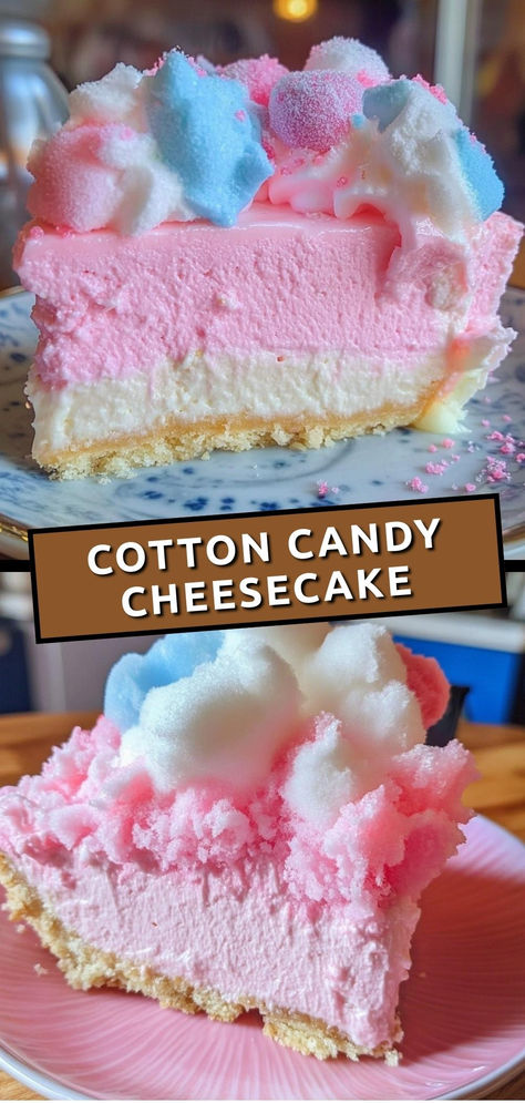 Treat yourself to this dreamy cotton candy cheesecake—creamy, sweet, and bursting with fun flavors for a magical dessert!  Ingredients:  1 ½ cups graham cracker crumbs 4 (8 oz) blocks cream cheese, softened ½ cup cotton candy, torn into small pieces ½ cup heavy cream (for topping) This delightful cheesecake combines the creamy richness of classic cheesecake with the whimsical sweetness of cotton candy, topped with fluffy whipped cream and extra cotton candy for a fun finish! Cherry Cordial Cheesecake, Recipes Made With Cream Cheese, Cotton Candy Frosting, Fun Cheesecake Ideas, Bubblegum Flavored Desserts, Cotton Candy Cheesecake Recipes, Heavy Whipping Cream Desserts, Marshmallow Whip Cheesecake, Cookies And Cream Dessert Recipes