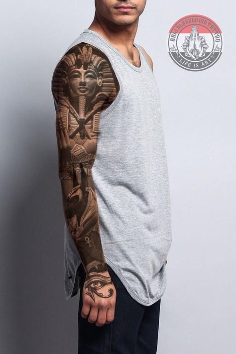 Lower Sleeve Tattoo Men, Egyptian Tattoo Sleeve Men Arm, Egypt Tattoo Design Ideas, Egyptian Sleeve, Tattoo Full Sleeve, Ak47 Tattoo, Calf Tattoo Ideas, Egypt Tattoo Design, Arm Cover Up Tattoos