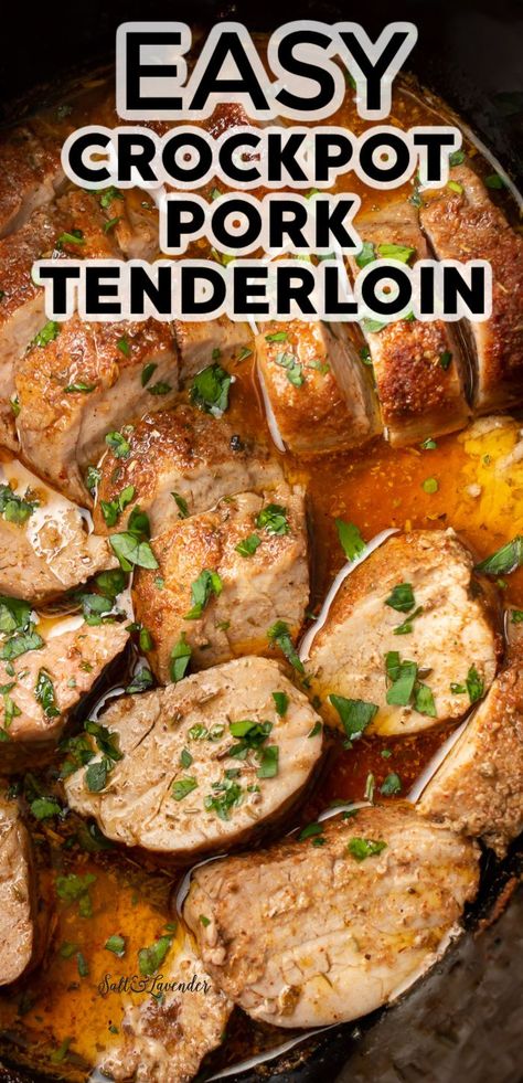 a slow cooker with pork and sauce and text overlay that reads easy crockpot pork tenderloin Crock Pot Pork Tenderloin, Pork Tenderloin Crock Pot Recipes, Tenderloin Recipes Crockpot, Easy Pork Tenderloin Recipes, Easy Pork Tenderloin, Crockpot Pork Tenderloin, Crock Pot Pork, Pork Loin Roast Recipes, Pork Crockpot Recipes