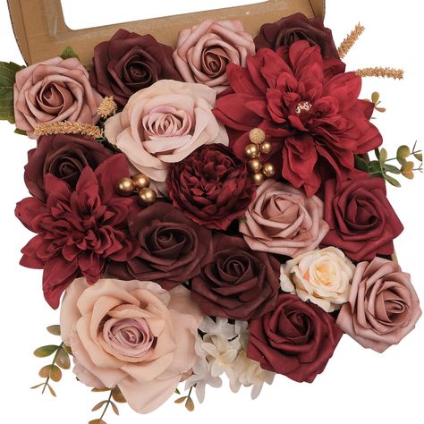 PRICES MAY VARY. [Package Details] The burgundy and dusty pink artificial flower box contains fake roses, dahlias, peonies, as well as filler flowers, eucalyptus leaves and other greeneries. The size of the artificial flower box is 9.84*9.84*2.76in (25*25*7cm), with 5pcs cable ties and 15pcs stems inside. [Easy to Use] The flexible stems are made of iron wire, which can be bent, cut and pulled out according to your need. You can make a 9-10 inches faux flowers bouquet with these artificial flowe Floral Arrangements Party, Fake Wedding Flowers, Diy Wedding Bouquets, Wedding Centerpieces Mason Jars, Diy Fleur, Faux Flower Bouquets, Bouquet Home Decor, Diy Flores, Making A Bouquet