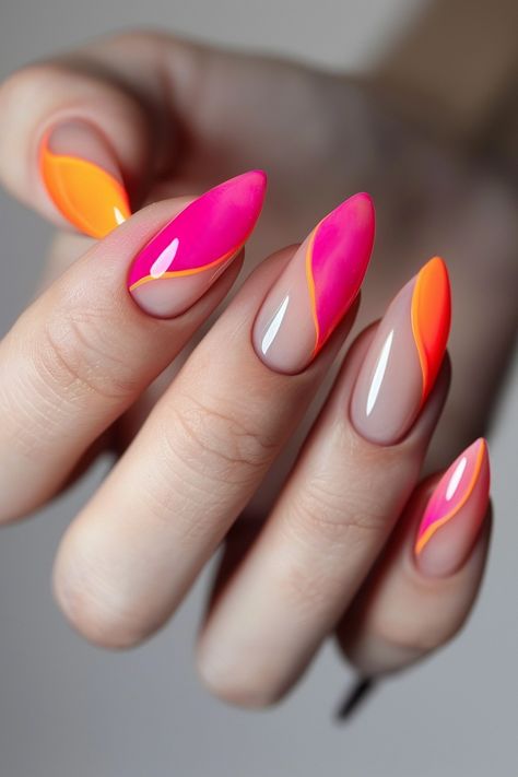 Pretty in Pink: 40+ Gorgeous Pink Nail Designs To Copy This Year - Flo's Blog Ombré Colored Nails, French Manicure With Design On One Nail, Orange Hot Pink Nails, Orange And Fuschia Nails, Pink Orange White Nails, Orange And Hot Pink Nails, Pink And Orange Nails Design, Orange And Pink Nail Designs, Hot Coral Nails