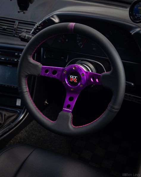 Anodized Purple Steering Wheel in R32 Skyline GT-R - BenLevy.com Purple Car Steering Wheel, Black And Purple Car, Purple Car Interior, Purple Steering Wheel, Mazda Interior, Purple Mustang, Modded Cars, Car Customization, R32 Skyline