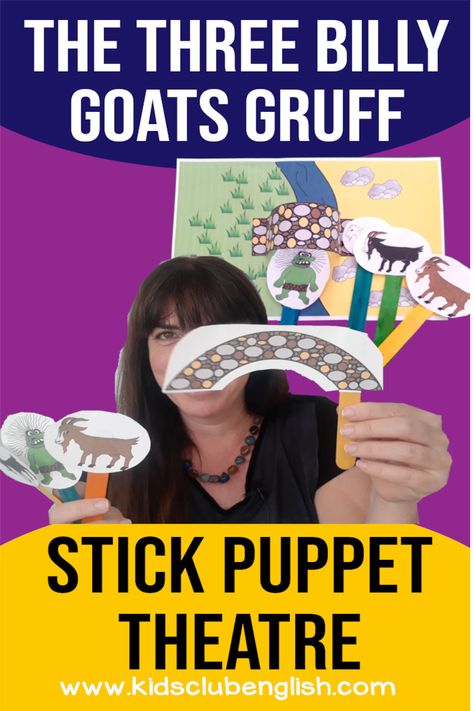 Take a look at this simple Three Billy Goats theatre craft. I show you the variety of templates we have in our Three Billy Goats Gruff Activity Pack, and then demonstrate a simple retelling of the story with the stick puppets. Get inspired for how you can adapt the story language to teach English to your preschool and primary learners. You can get these templates and more crafts, worksheets and flashcards in our Three Billy Goats Gruff Activity Pack on the Kids Club English website. The Three Billy Goats Gruff, Stick Puppet, Theatre Crafts, Three Billy Goats Gruff, Billy Goats Gruff, Puppet Theatre, Teach English, Puppet Theater, Activity Pack