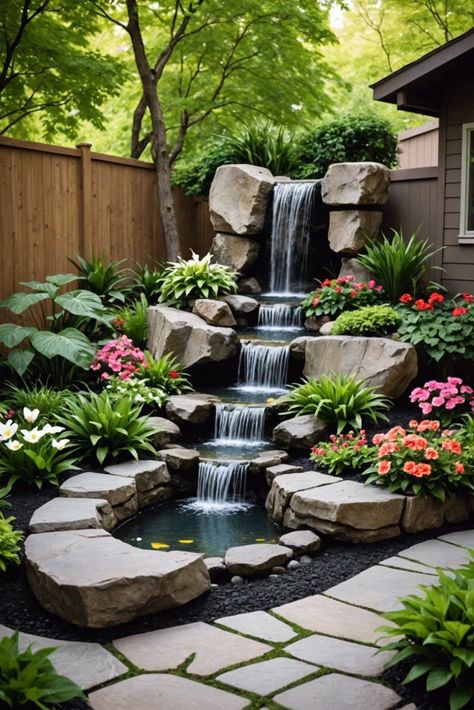 Backyard With Waterfall, Backyard Landscaping With Water Feature, Hillside Waterfall Landscaping, Indoor Garden Wall Ideas, Backyard Water Fountain Ideas, Waterfall Koi Pond, Waterfall Garden Ideas, Front Yard Waterfall, Waterfall In Garden