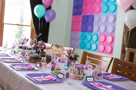 Dining Tablescape from a Girl Themed Lego Party via Kara's Party Ideas | KarasPartyIdeas.com (24) Girly Lego Birthday Party, Lego Themed Birthday Party Girl, Princess Lego Birthday Party, Lego Friends Birthday Party Ideas, Lego Birthday Party Girl, Lego Friends Party Ideas, Girl Lego Birthday Party, Turquoise Tablescape, Lego Girls Birthday Party