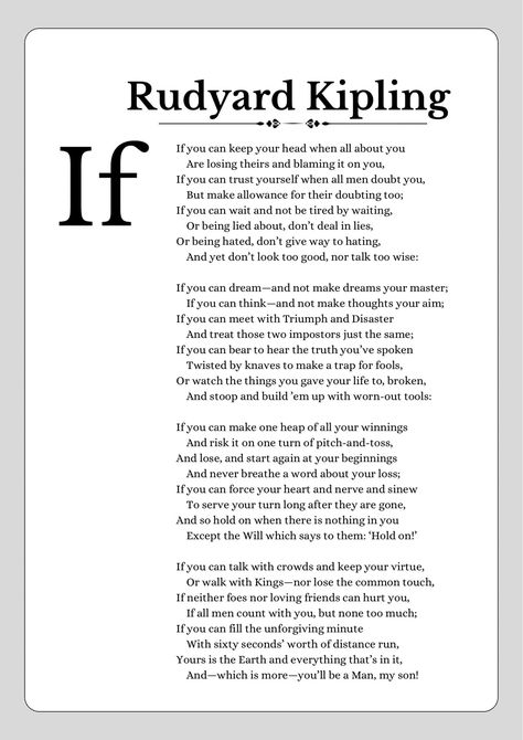 Facebook If Poem Rudyard Kipling, If Poem, If By Rudyard Kipling, Most Famous Poems, Famous Poems, Rudyard Kipling, If Rudyard Kipling, Practical Life, Trust Yourself