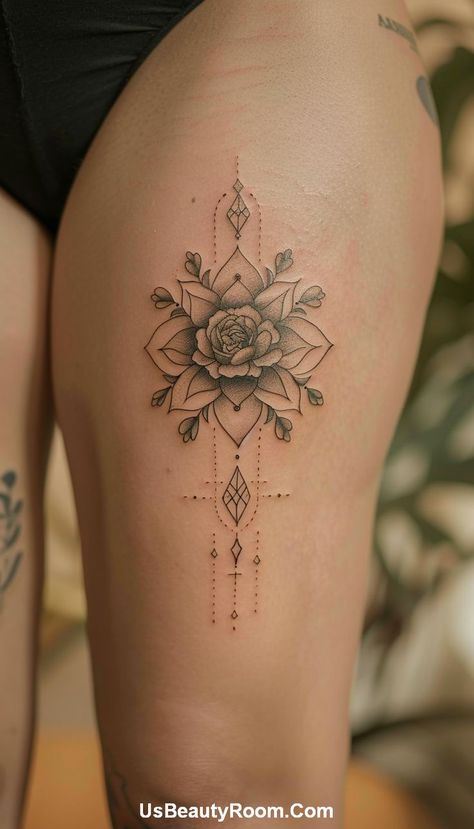 A floral mandala thigh tattoo featuring symmetrical patterns and fine details, creating a harmonious and elegant design. This small thigh tattoo is perfect for girls who love floral elements in their tattoos. Thigh Tattoos Women Plus Size, Small Thigh Tattoo, Plus Size Tattoos, Tattoos Trendy, Lace Thigh Tattoos, Small Thigh Tattoos, Thigh Tattoo Ideas, Chic Tattoo, Small Girl Tattoos