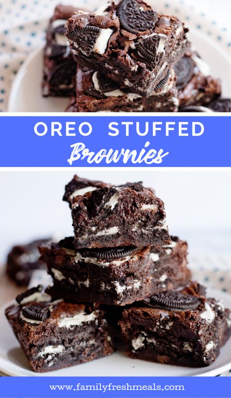 Oreo Stuffed Brownies from Family Fresh Meals recipe #oreos #familyfreshmeals #brownies #stuffedbrownies #dessert #chocolate Stuffed Brownies, Oreo Desserts, Fresh Meals, Family Fresh Meals, Oreo Brownies, Oreo Recipes, Dessert Chocolate, Oreo Dessert, Easy Baking Recipes Desserts