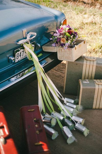 Nature and seasonal details plus the traditional tin cans adorn this vintage wedding ride. #weddingcar #getawaycar #weddingideas #vintage Bridal Car Decoration, Wedding Getaway Car, Bridal Party Photography, Wedding Getaway, Just Married Car, Bridal Car, Car Decor Ideas, Destination Wedding Decor, Wedding Car Decorations