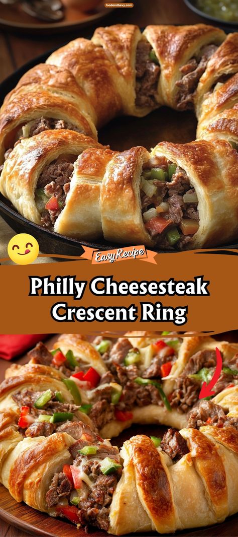 Transform the classic sandwich into a fun and festive meal with the Philly Cheesesteak Crescent Ring. This recipe wraps the savory flavors of steak, peppers, onions, and cheese in a golden crescent dough. It’s perfect for parties or a family-friendly dinner. #PhillyCheesesteak #CrescentRing #PartyFood Crescent Philly Cheesesteak, Philly Cheese Steak Croissant, Crescent Roll Philly Cheese Steak, Hamburger Crescent Ring, Crescent Rolls With Ground Beef, Crescent Roll Roast Beef Sandwiches, Food Rings Recipes, Philly Cheese Steak Crescent Ring, Ground Beef With Crescent Rolls