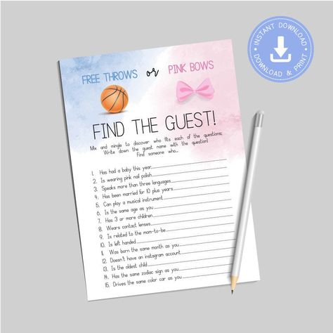 Excited to share this item from my #etsy shop: Free Throws Pink Bow, blue and pink, Find the guest, Games Printable, Instant Download, Game, Basketball Gender reveal, CY089 Guest Games, Basketball Gender Reveal, Find The Guest Game, Baby Q Shower, Find The Guest, Bow Gender Reveal, Gender Reveal Games, Twins Baby Shower Invitations, Girl Gender Reveal