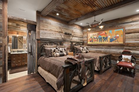 The Rodeo themed bedroom for a real cowboys from Wild Wild West is just one out of 14! Each bedroom in this grand Orlando mansion has its own character | Reunion Resort 11000 Cowboy Bedroom, Rustic Bedrooms, Pink Bed Sheets, Cowgirl Bedroom, Themed Bedrooms, Florida Villas, Airbnb Ideas, Luxury Ranch, Lace Curtain Panels