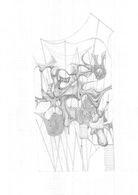 The Bartlett Summer School C, 2016. From the Making and Prototyping workshop run by Zahra Taleifeh, Dan Wilkinson, with the teaching support of Kacpar Chmielewski and Shuo Yang. The Cyclical House, formed from storing the detritus of family habitation, by Charlie Bennett. Machine Architecture, Charlie Bennett, Bartlett School, Bartlett School Of Architecture, Conceptual Drawing, Silhouette Drawing, Architecture Concept Diagram, Architecture Collage, Architecture Concept Drawings