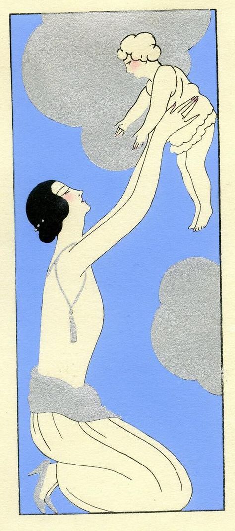 1930s French Pochoir Print Edouard Halouze Flapper Mother Holding Baby Love Georges Barbier, Mother Holding Baby, 1920 Style, George Barbier, Japanese Colors, Art Articles, Art Deco Illustration, Fashion Drawings, Modern Oil Painting