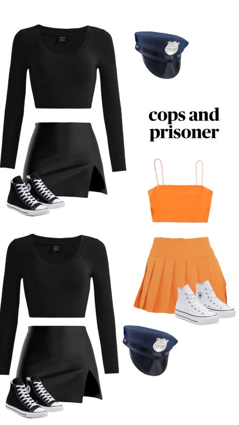 cops and prisoner Halloween costumes Cops And Robbers Halloween Costumes, Cop Costume Diy, Cops And Robbers Costume, Trendy Costumes, Robber Halloween Costume, Halloween Bff, Carnaval Inspo, Prisoner Halloween, Police Officer Halloween Costume