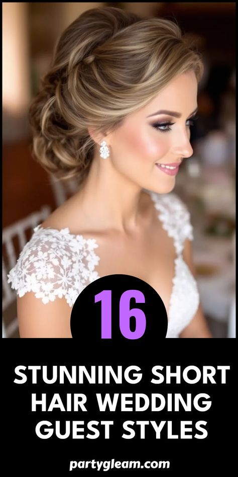 Short hair doesn't mean sacrificing style for your next wedding invite! Discover 16 stunning short hair wedding guest styles that will have you turning heads and feeling fabulous. From chic bangs to elegantly tousled Waves, each look is designed to bring out your best self. Whether you prefer sleek simplicity or added volume with unique accessories, these hairstyles shine even without lengthy locks. Get inspired and shine on the dance floor with these attractive alternatives for your short hairstyle! Wedding Hair Styles Short Hair, Hair Styles For Wedding Guests, Hairstyles For A Wedding Guest, Short Hair Wedding Guest, Short Hair Wedding Guest Styles, Short Hair Wedding Updo, Hair Wedding Guest, Industrial Loft Wedding, Short Hair Wedding