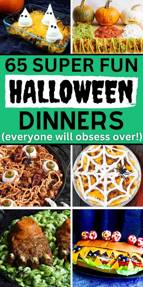 Halloween dinner party food Halloween Dinner Sides Ideas, Best Halloween Dinner Ideas, Simple Halloween Dinner Ideas, Potluck Ideas For Halloween, Diy Halloween Dinner Ideas, Halloween Main Course Food, Main Course For Halloween Party, Menu For Halloween Party, Halloween Themed Casseroles