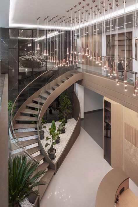 Factory Office Design, Office Staircase, Reception Interior Design, Lobby Plan, Timber Pavilion, Office Building Lobby, Reception Interior, Wood Plants, Factory Office