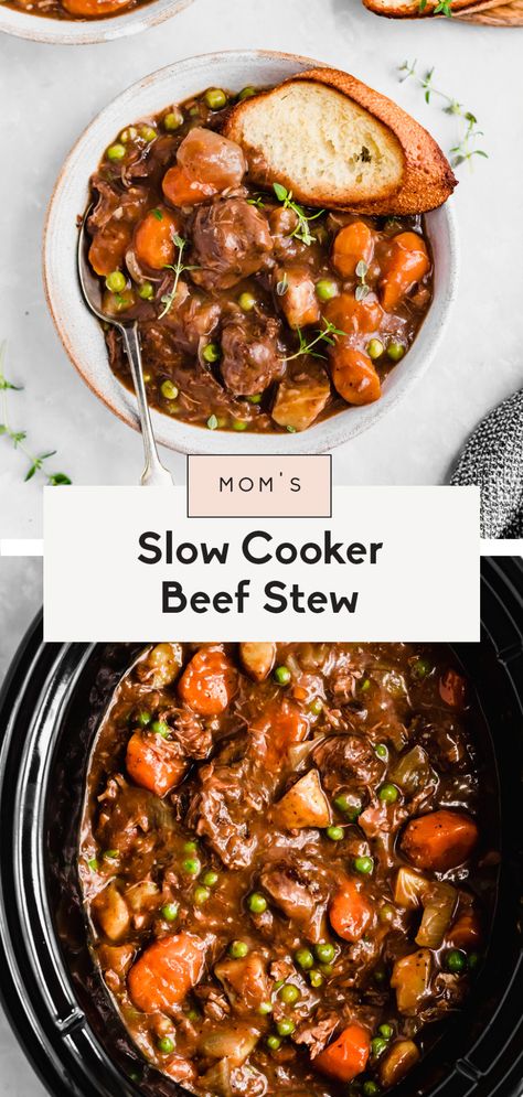 Mom's best ever slow cooker beef stew cooked to perfection with dry red wine, garlic, fresh herbs and tender potatoes and carrots. This easy beef stew recipe is just like the classic one you grew up with and makes a delicious, protein-packed dinner the whole family will love! #beefstew #slowcooker #slowcookerrecipe Beefstew Slowcooker, Slow Cooker Recipes Beef Stew, Easy Beef Stew Recipe, Crockpot Recipes Beef Stew, Easy Beef Stew, Homemade Beef Stew, Beef Stew Crockpot, Pot Beef Stew, Slow Cooker Beef Stew