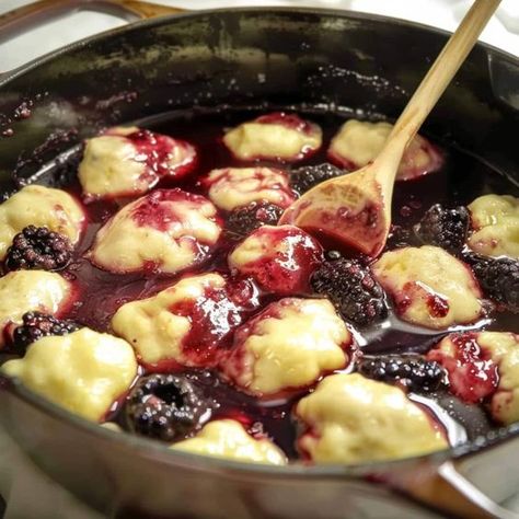 These blackberry dumplings are just like grandma made! Bursting with summer flavor, they're sweet, easy, and delicious. Blackberry Dumplings Old Fashion, Cherry Dumplings, Blackberry Dumplings, Steamed Puddings, Drop Dumplings, Cobbler Recipes Easy, Dumpling Dough, Cornmeal Dumplings, Frozen Dumplings