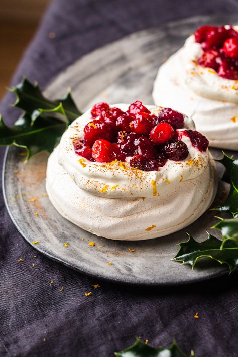 Vegan pavlovas with cranberries - Lazy Cat Kitchen Cranberry Meringue, Mini Pavlovas, Vegan Meringue, Lazy Cat Kitchen, Mini Pavlova, Gluten Free Pastry, Cat Kitchen, Vegan Whipped Cream, Festive Desserts