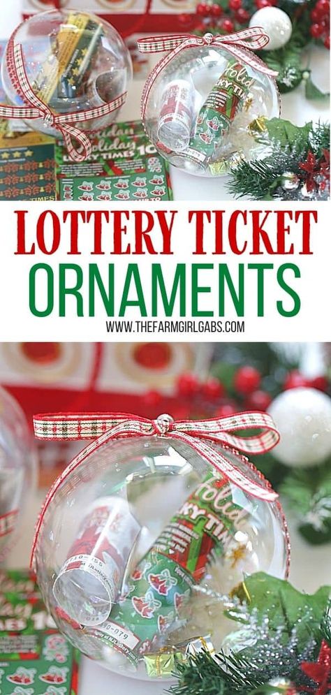 Gift the gift of lottery luck this holiday season with these fun New Jersey Lottery Ticket Christmas Ornaments. These DIY Christmas ornaments are easy to make. Grab some lottery tickets and fill a plastic ornament. This easy Christmas craft takes only a few minutes to make. These ornaments are fun to hang on the Christmas Tree. Lottery Ticket ornaments make a great Christmas gift idea too. Diy Christmas Gifts For Coworkers, Office Christmas Gifts, Coworkers Christmas, Lottery Ticket, Christmas Gifts For Coworkers, Work Gifts, Office Christmas, Homemade Christmas Gifts, Employee Gifts