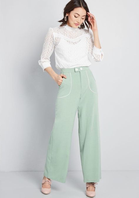 Outlined Delight Wide-Leg Pants  The white piping on these mint green trousers highlight what’s unique about this retro pair! Part of our ModCloth namesake label, these wide-leg bottoms boast bold pockets, a double-buttoned waistband, and an overall feeling of optimism. Mint Green Pants Outfit, Olive Green Pants Outfit, Green Pants Women, Mint Green Pants, Green Pants Outfit, Neon Prom Dresses, Retro Inspired Fashion, Outfit Modest, Green Dress Pants