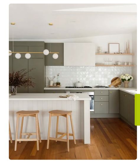 Mid Century Coastal Kitchen, Pistachio Green Kitchen, Jungle Cabin, Lilac Kitchen, Australian Farmhouse, Mcm Kitchen, Country Modern Home, Open Plan Kitchen Living Room, Coastal Kitchen