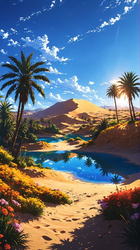 anime wallpaper, wallpaper hd, phone wallpaper, anime aesthetic, flowers, anime landscape, background, studio ghibli, desert, oasis, Desert Flowers Aesthetic, Desert Oasis Art, Anime Aesthetic Flowers, Desert Oasis Aesthetic, Fantasy Oasis, Background Studio Ghibli, Oasis Illustration, Landscape Phone Wallpaper, Flowers Anime