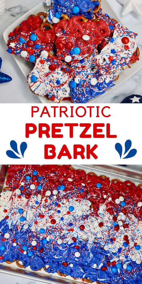 Celebrate with a crunchy and sweet treat - Patriotic Pretzel Bark! Perfect for holidays and parties, this easy recipe combines pretzels, chocolate, and colorful sprinkles for a delightful snack. Click to get the recipe and add a festive touch to your celebration! #PatrioticTreats #PretzelBark #HolidayRecipes #PartySnacks 4th Of July Pretzel Bark, Chocolate Bark Recipes Easy, Pretzel Bark Recipes, Bark Recipes Easy, Pretzels Chocolate, Pretzel Bark, Patriotic Treats, Flavored Ice Cubes, Dessert Inspiration