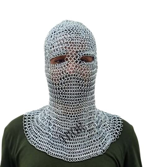 PRICES MAY VARY. This Chainmail armor is completely hand made, Antique Styling. Made from : 18 Gauge Plated Mild alu Butted Rings / Ring Diameter 10 mm This chainmail costume with alu rings 10mm in diameter; Face opening: 9 Inches Silver Chainmail Coif, Combat Battle Ready Chain Mail Hood Armour Costume Sca Medieval Knight Silver eyes Chainmail Coif Armor Hood Battle Ready Chain Mail Renaissance Viking Larp Costume Chainmail Balaclava, Chainmail Mask, Chainmail Costume, Medieval Coif, Chain Mail Armor, Chainmail Coif, Antique Styling, Chainmail Armor, Silver Eyes