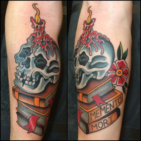 Traditional skull candle books memento mori tattoo by Nate Fierro Traditional Memento Mori Tattoo, Neo Trad Candle Tattoo, Memento Mori Traditional Tattoo, Skull And Candle Tattoo Design, Skull And Candle Tattoo, American Traditional Memento Mori, Skull Candle Tattoo, Raven Skull Candle Tattoo, Writer Tattoo