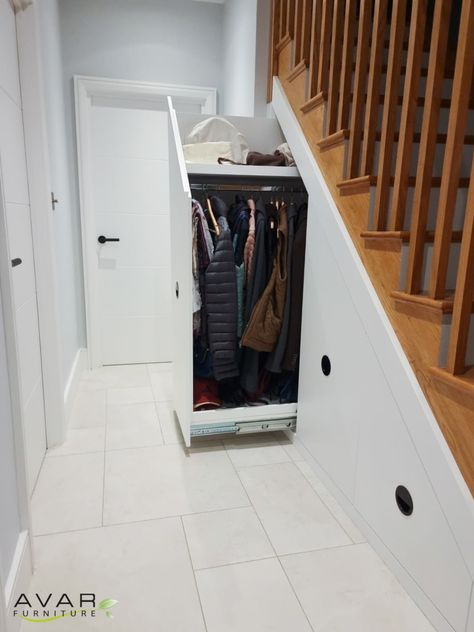 Under Stairs Pull Out Storage, Over Stairs Storage, Shoe Rack Pull Out, Under Stairs Storage Ideas, Under Stairs Wine Cellar, Coat Cupboard, Stairs Storage Ideas, School Bag Storage, Understair Storage