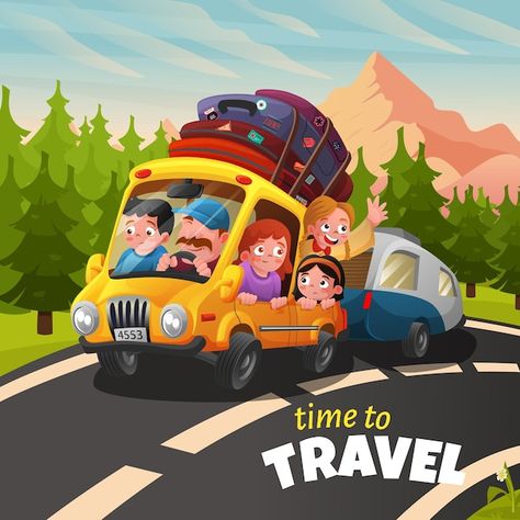 Vector family and friends travel by car ... | Premium Vector #Freepik #vector #camper-van #camping-car #travel-cartoon #camper Van Cartoon, Travel Cartoon, Travel By Car, Kid Cartoon, Summer Vector, Car Trip, Road Trip Car, Ram Ram, Friends Travel