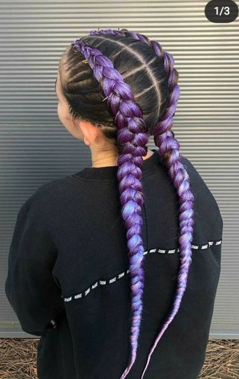 Cornrow Hairstyles 4 Braids, 2 Braids With Color Extensions, Feed In Braids Color Hair, Color Guard Hair, Fake Hair Braids, Two Cornrow Braids, Kanekalon Braids, Preppy Hairstyles, Two Braid Hairstyles