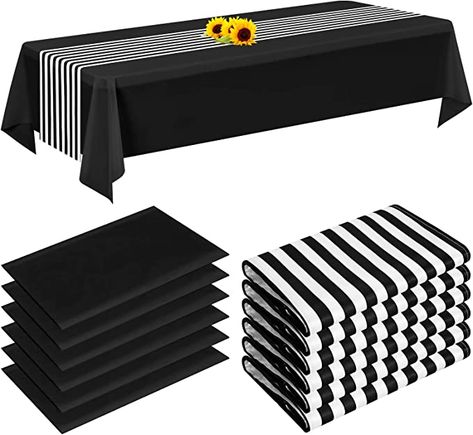 Amazon.com: 6 Packs Black and White Striped Table Runner 12x 108 Inch and 6 Packs Disposable Black Plastic Tablecloth Table Cover 54x 108 Inch for Indoor Outdoor Events Parties Birthdays Weddings Picnics Decorate : Everything Else Black Table Cloth Decor, Black And White Table Decor, Black And White Party Ideas, Black And White Stripe Decor Party Ideas, Black And White Party, Black And White Plaid Table Cloth, Black And White Striped Table Runner, Black Tabke Cloth And Square White Plates, Black And White Party Decorations