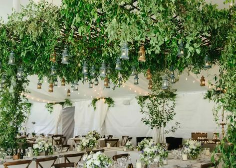 13 Beautiful Hanging Greenery Installation Ideas for Your Wedding Reception Ceiling, Greenhouse Venue, Green Tablescape, Wedding Tree Decorations, Hanging Greenery, Wedding Ceiling, Fair Photography, Greenery Wedding Decor, Beautiful Wedding Reception