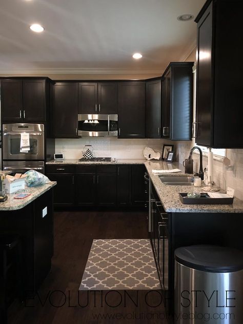 Painted Kitchen Cabinets Dark Floors, Dark Kitchen Cabinets With Dark Floors, Expresso Kitchen Cabinets Modern, Espresso Shaker Kitchen Cabinets, Dark Painted Kitchen Cabinets, Dark Espresso Kitchen Cabinets, Espresso Cabinets Kitchen, Expresso Cabinets, Kitchen Remodel Dark Cabinets