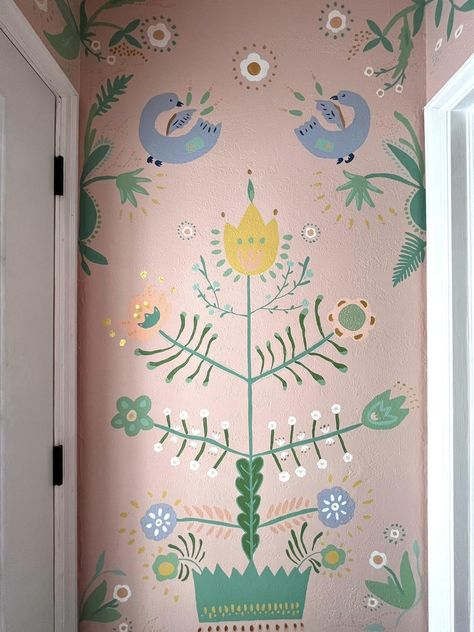 Plant Wall Nursery, Hand Painted Floral Wall Mural, Folk Art Nursery, Nursery Mural Ideas Painted, Painted Statement Wall, Hand Painted Murals For Home, Fairytale Mural, Hand Painted Wall Designs, Whimsical Mural