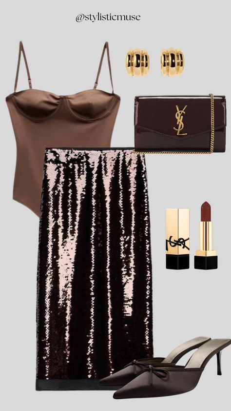 A chocolate brown satin bustier paired with a sequin midi skirt. Gold hoops, a ysl clutch, and brown mules complete the glam look.🤎 Bronze Sequin Skirt Outfit, Brown Sequin Skirt, Brown Sequin Skirt Outfit, Sequin Skirt Outfit, Ysl Clutch, Brown Mules, Brown Glitter, Satin Bustier, Sequin Midi Skirt