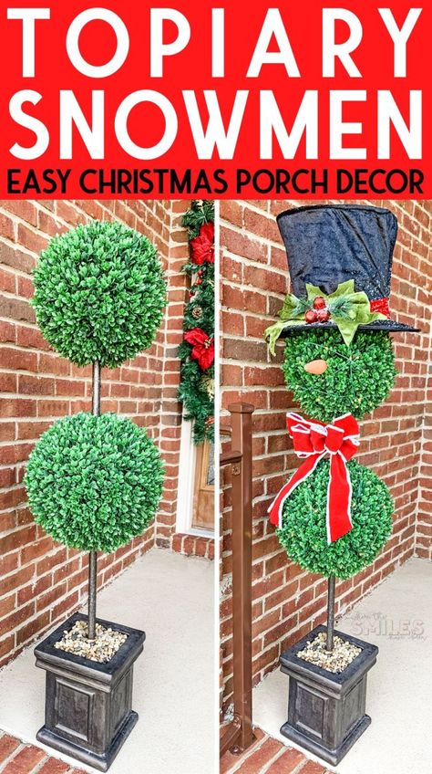 Christmas Topiaries Outdoor Diy, Diy Topiary Trees Front Doors, Front Porch Topiary Ideas, Snowman Topiary, Present Topiary, Easy Christmas Porch, Diy Christmas Topiary, Porch Topiary, Outdoor Topiary