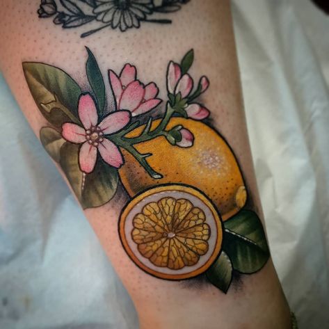 Lemon Tree Tattoo, Lemon Tattoo, Fruit Tattoo, Food Tattoos, Tree Tattoo, Lemon Tree, Custom Tattoo, Skin Art, Old School Tattoo