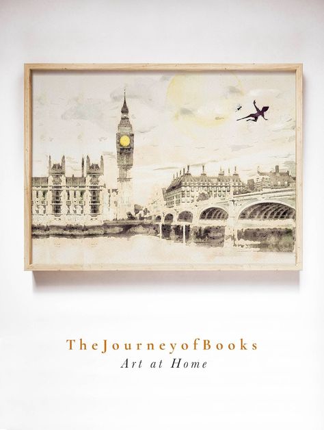 Printable nursery art of Peter Pan and Tinkerbell flying over London with Big Ben in the background. Tinkerbell Flying, Organizing Kids Books, Dolly Parton Imagination Library, Nursery Aesthetic, Neverland Nursery, Peter Pan Tinkerbell, Peter Pan Art, Peter Pan Nursery, Kids Book Storage