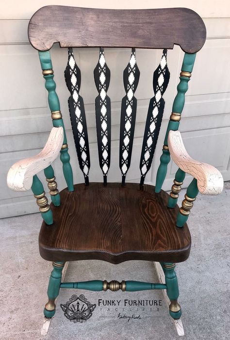 Funky rocking chair Rocking Chair Makeover, Painted Rocking Chairs, Diy Rocking Chair, Old Rocking Chairs, Hand Painted Chairs, Log Cabin Furniture, Chair Redo, Upcycling Furniture, Whimsical Painted Furniture