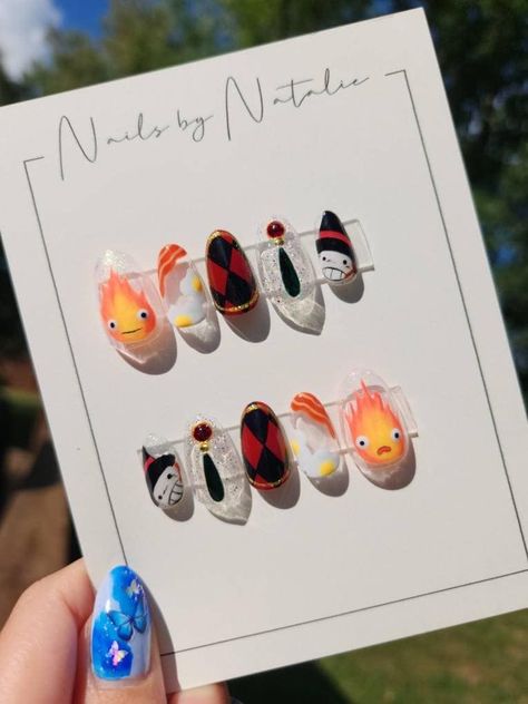 Howl Inspired Nails, Short Art Nails, Howls Moving Castle Inspired Nails, Howl’s Moving Castle Nails, Howls Moving Castle Nails Simple, Howls Moving Castle Nail Art, Calcifer Nails, Neon Pink Nails Design, Sunset Nail Designs