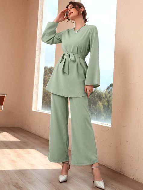 Bell Bottom Trouser Designs Pakistani, Trouser Designs Pakistani, Bell Bottom Trouser, Belt Top, Coord Set, Trumpet Sleeve, Co Ords, Spring Women, Long Shirt