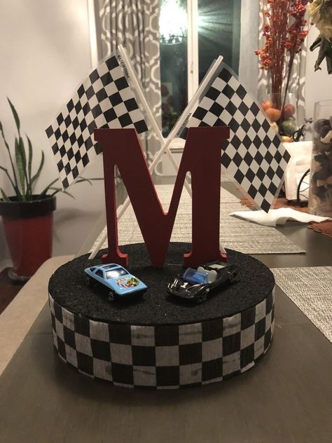 Race Car Centerpieces Diy, Racecar Birthday Party Centerpieces, Fast And Furious Centerpieces, Car Birthday Centerpieces, Race Car Centerpieces, Racing Centerpiece Ideas, Theme Birthday Party For Men, Two Fast Birthday Centerpieces, Fast One Centerpieces