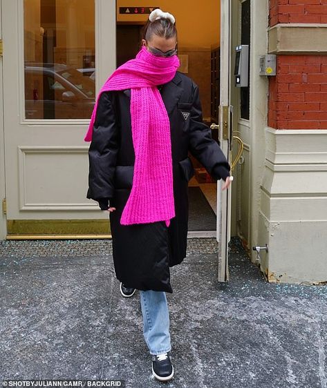 Bella Hadid braves the winter weather in a chic Prada coat and a long hot pink scarf | Daily Mail Online Bella Hadid Winter Outfits, Pink Scarf Outfit, Scarf Outfit Winter, Prada Coat, Hot Pink Scarf, Bella Hadid Outfits, Scarf Outfit, Pink Scarf, Pink Scarves