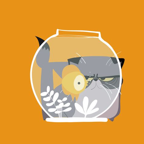 Cat And Fish Illustration, Cat And Fish Drawing, Cat With Fish In Mouth, Fish Bowl Illustration, Fish Tank Illustration, Fish Bowl Drawing, Aquarium Illustration, Aquarium Drawing, Cat And Fish