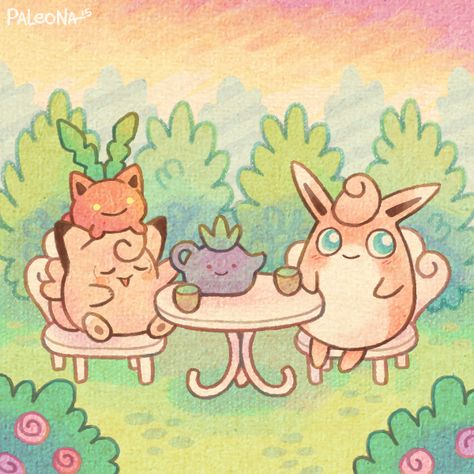 pink tea party by Paleona Anime Tea Party Background, Tea Party Drawing, Pokemon Tea Party, Tea Party Illustration, Animals Having A Tea Party Drawing, Animals Drinking Tea Illustration, Animal Tea Party Illustration, Pink Tea Party, Pokemon W